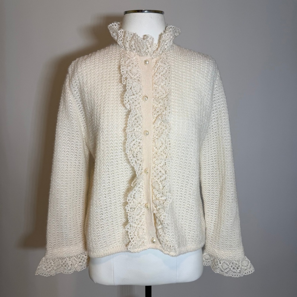 Sidney Gould Vintage 1960s Cream Mohair Knit Lace Ruffle Cardigan Sweater Womens